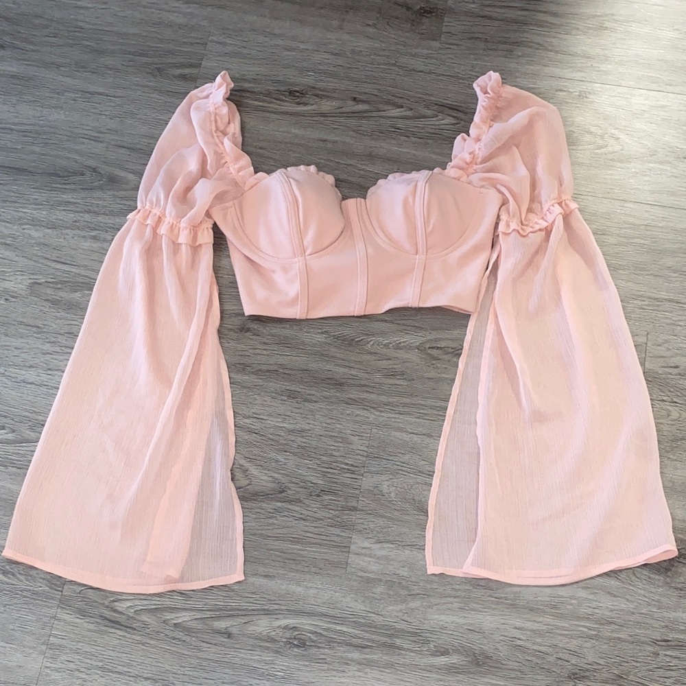 Kaylee Kollection Elegant Pink Women's Corset Crop Top with Flowing Slit Sleeves